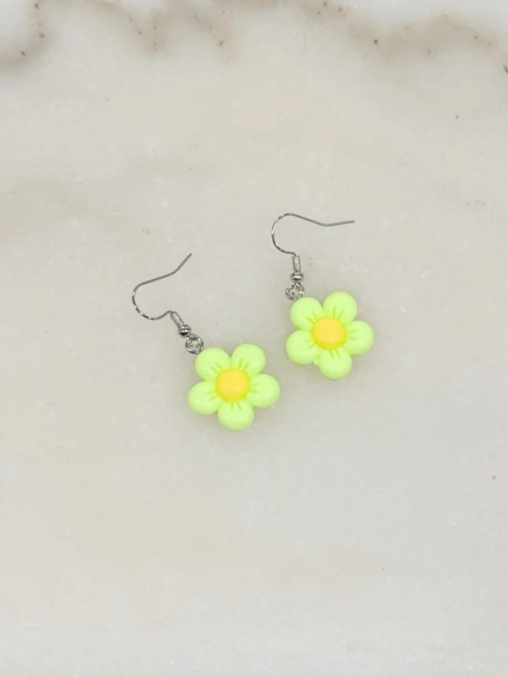 Neon Yellow Green Flower Dangle Earrings
